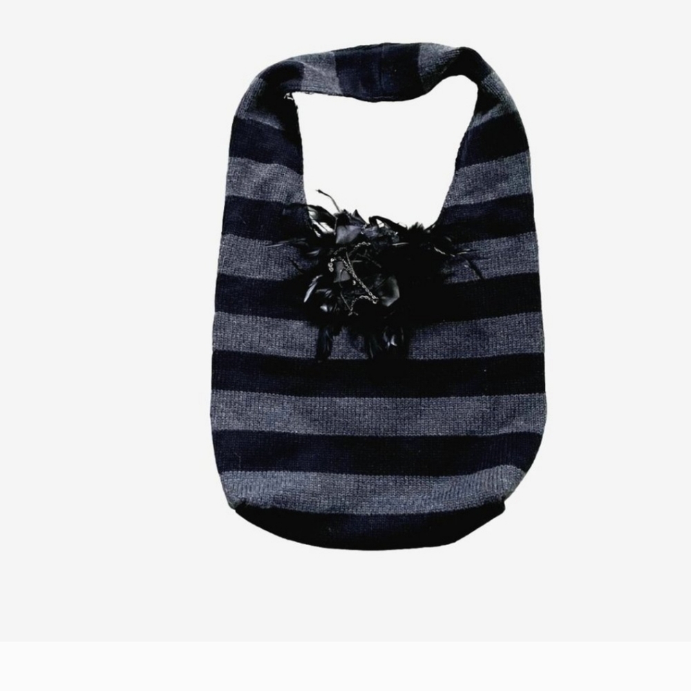 Alice & Olivia Striped Knit Hobo Shoulder Bag Faux Feather Chains Gray Black